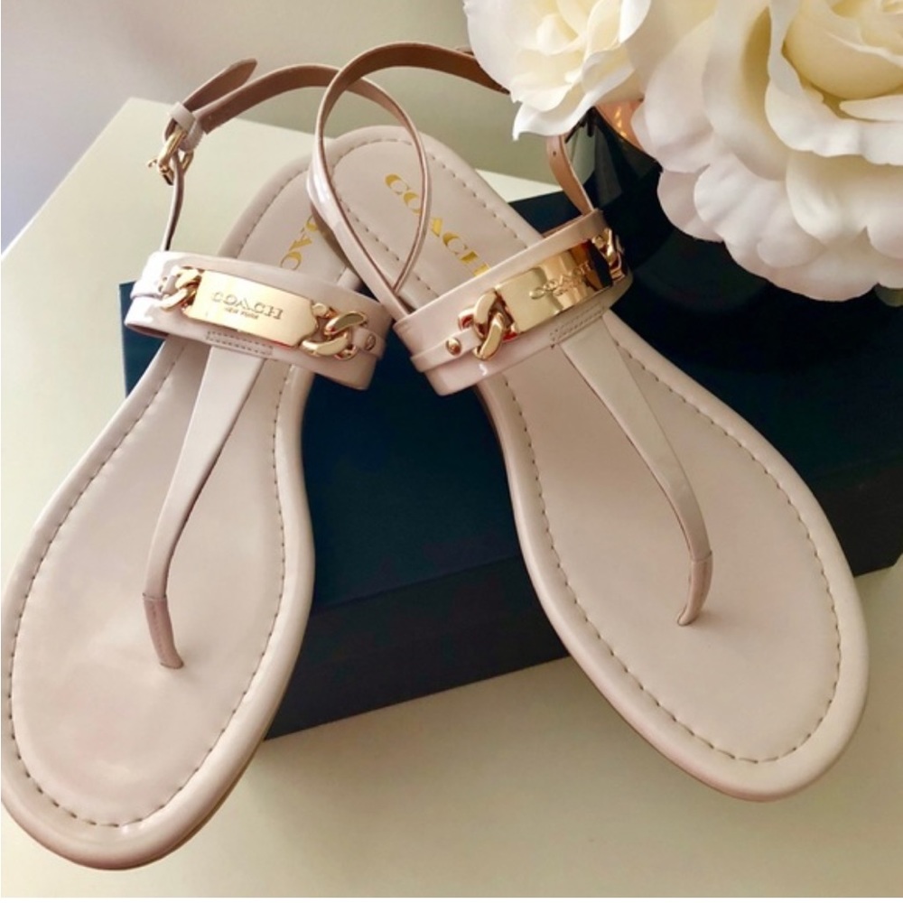 Coach, T-strap, Size 10 White Patent Leather Sandals, (Women)